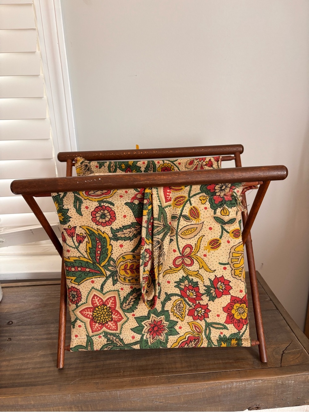 Vintage 60s Henry Seligman NY Folding Wood Sewing Basket Stand Floral Fabric
